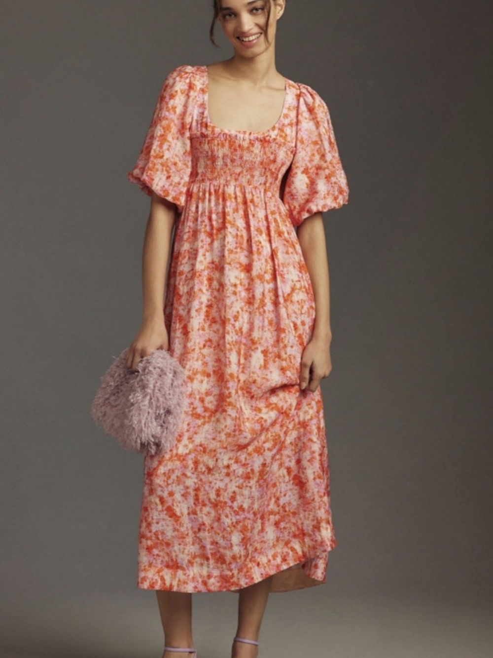Anthropologie Short Sleeve Smocked Baby Doll Midi Dress
